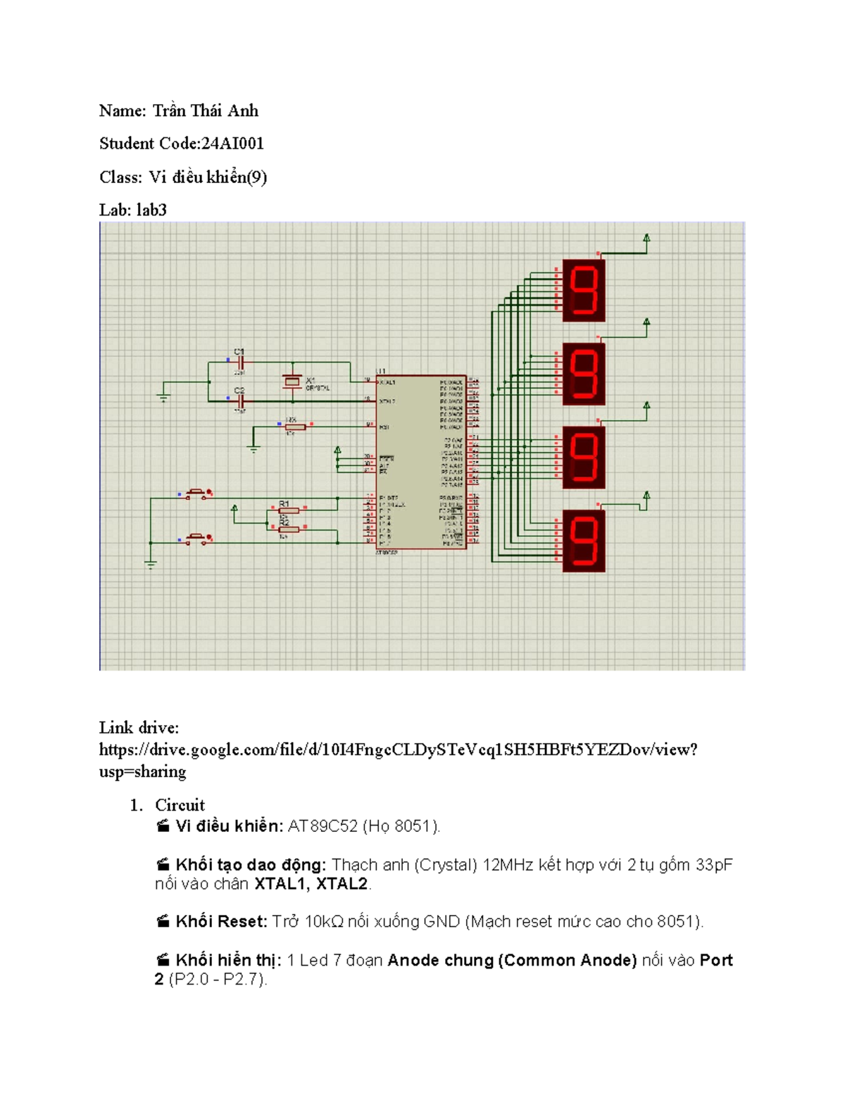 LAB3: Circuit Design and Algorithm for AT89C52 Microcontroller - Studocu