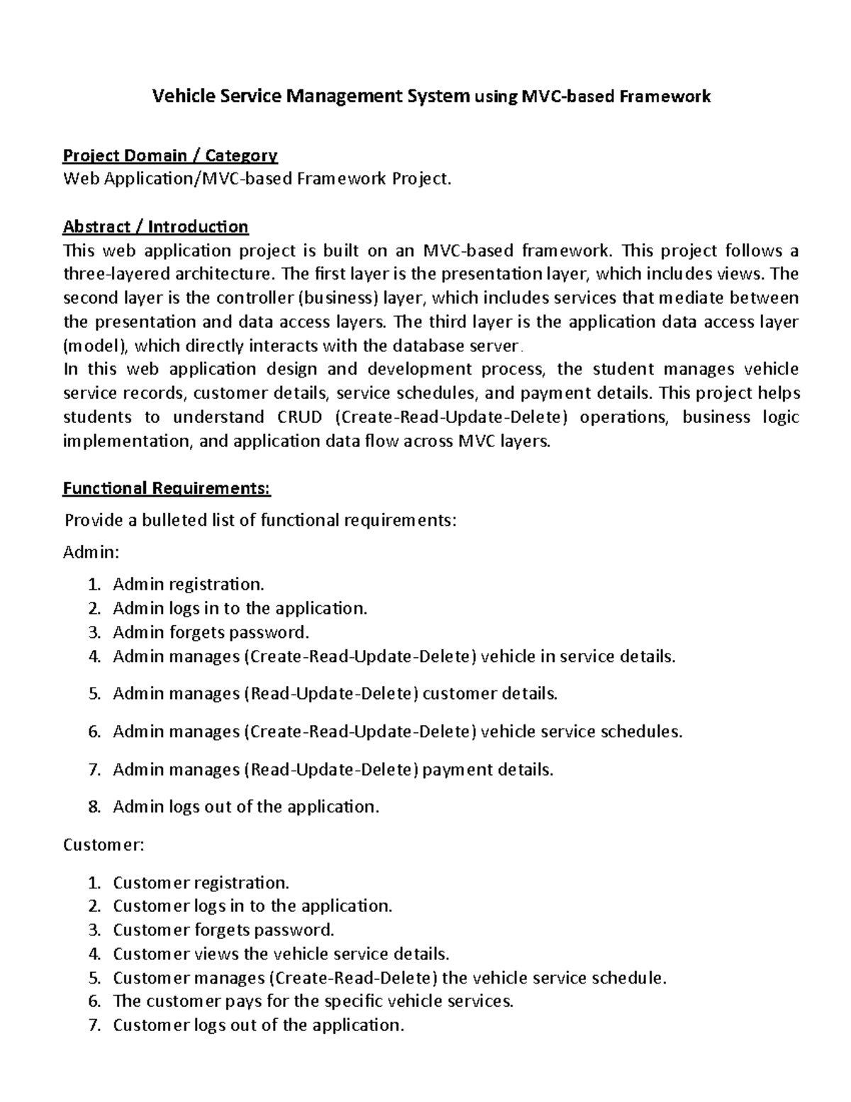 Vehicle Service Management System: CS619 Project Overview - Studocu