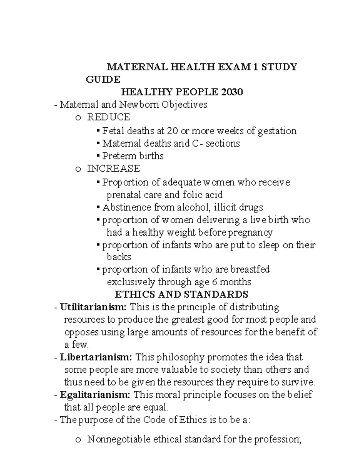 MAT 203 Maternal Health Exam 1 Study Guide: Key Concepts & Ethics - Studocu