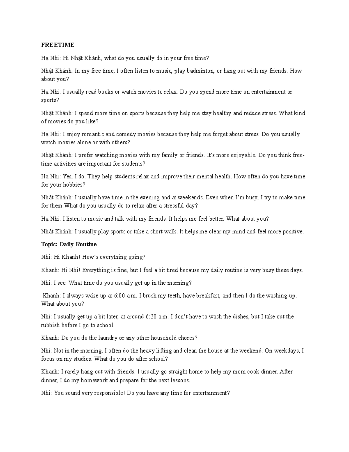 FREETIME & DAILY ROUTINE: Speaking Practice Notes - Studocu