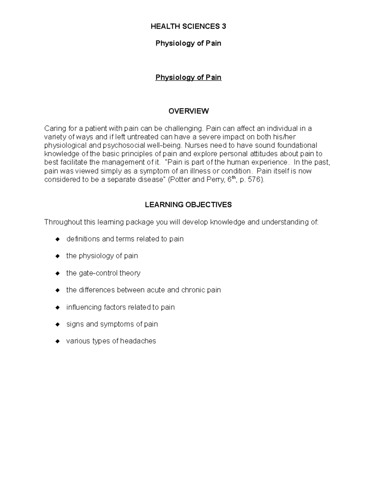 HEALTH 101: Physiology of Pain Overview and Assessment Tools - Studocu