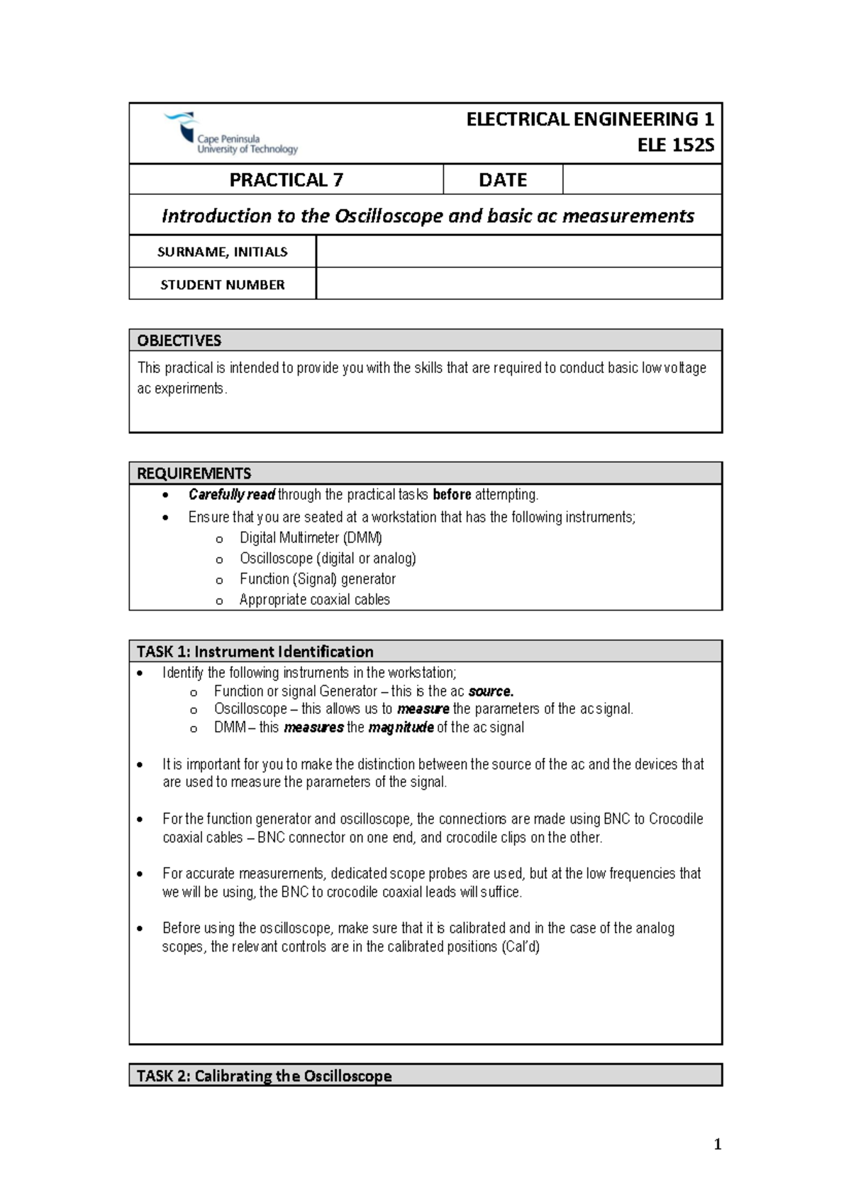 Practical 7 - Introduction to Oscilloscope & AC Measurements ELE 152S ...