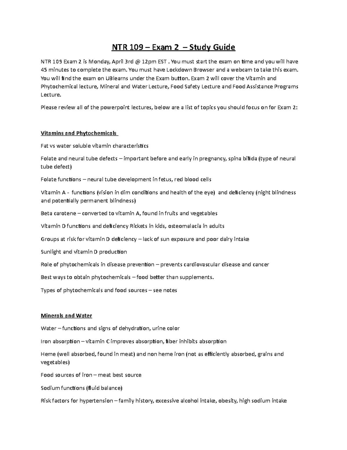 NTR 109 Exam 2 Study Guide: Vitamins, Minerals, & Food Safety - Studocu