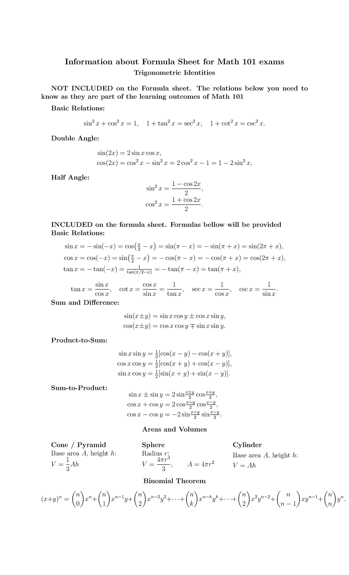 Math 101 Final Exam Formula Sheet: Key Trigonometric Identities - Studocu