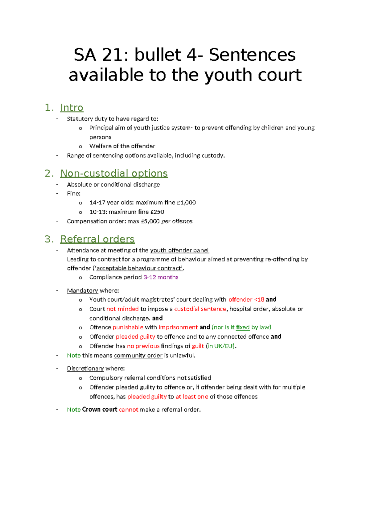 SA 21: Week 7 Criminal Procedure - Youth Court Sentencing Options - Studocu