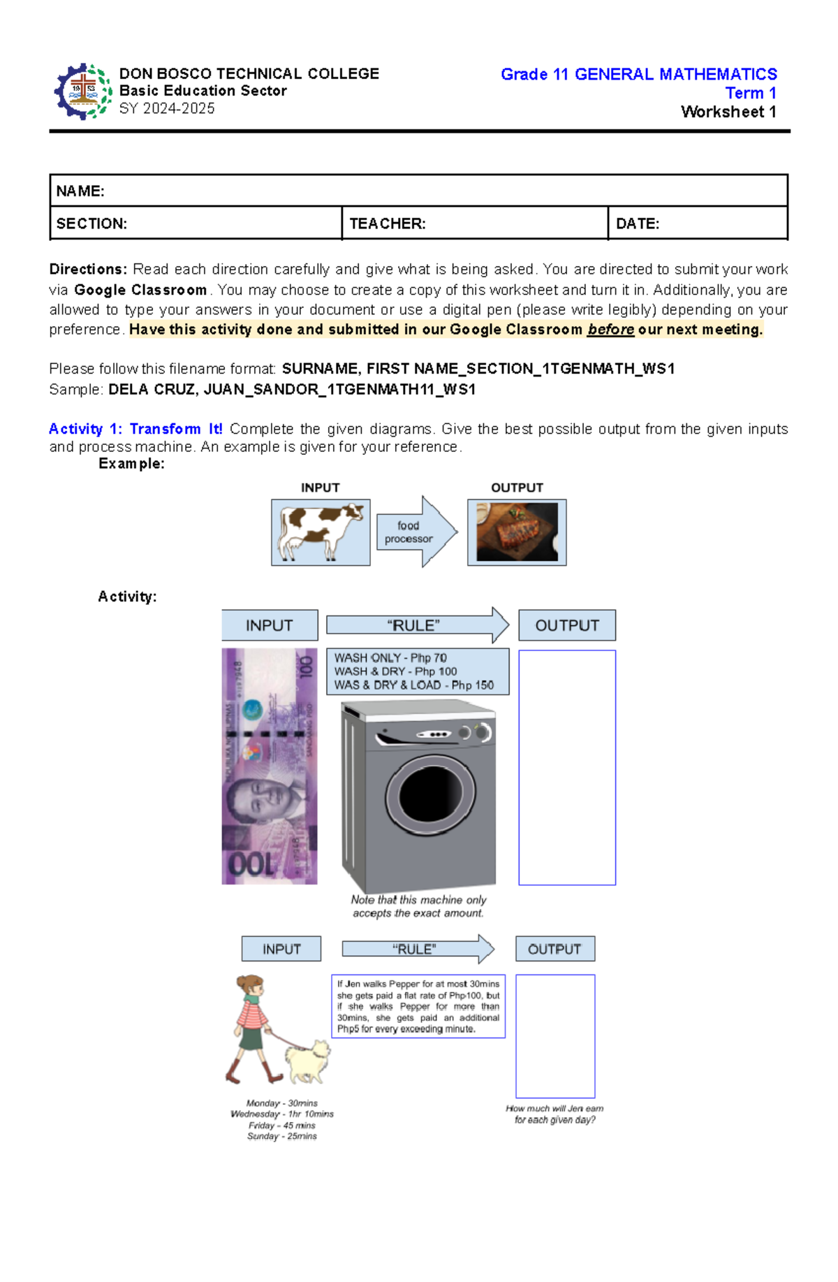 Grade 11 General Math Worksheet 1: Functions and Relations Activities ...