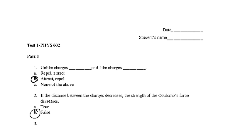 Practice Test for TEST 1-Fall 25: Electric Forces & Fields - Studocu