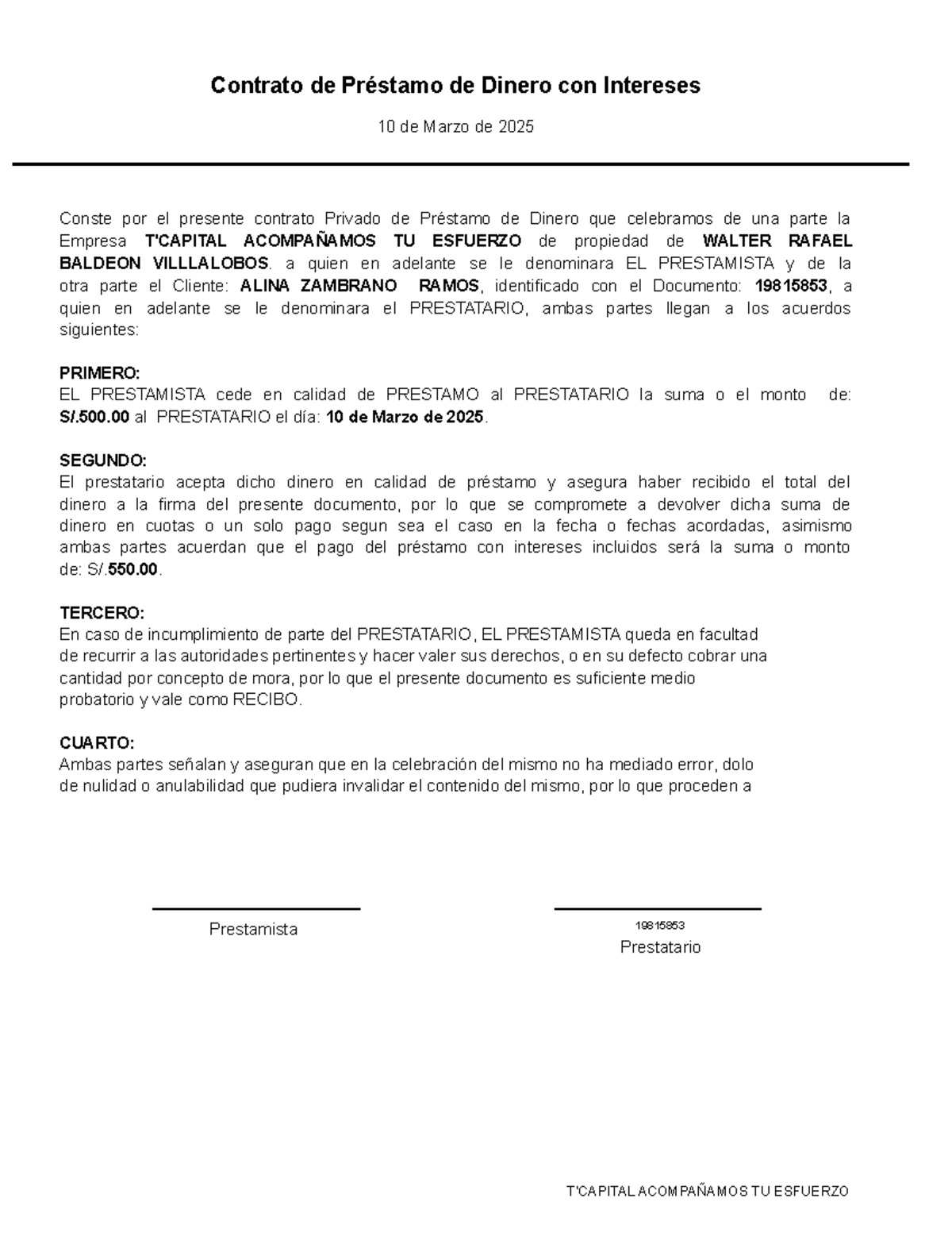 Contrato de Préstamo de Dinero con Intereses - ACOMPAÑAMOS TU ESFUERZO - Document Preview