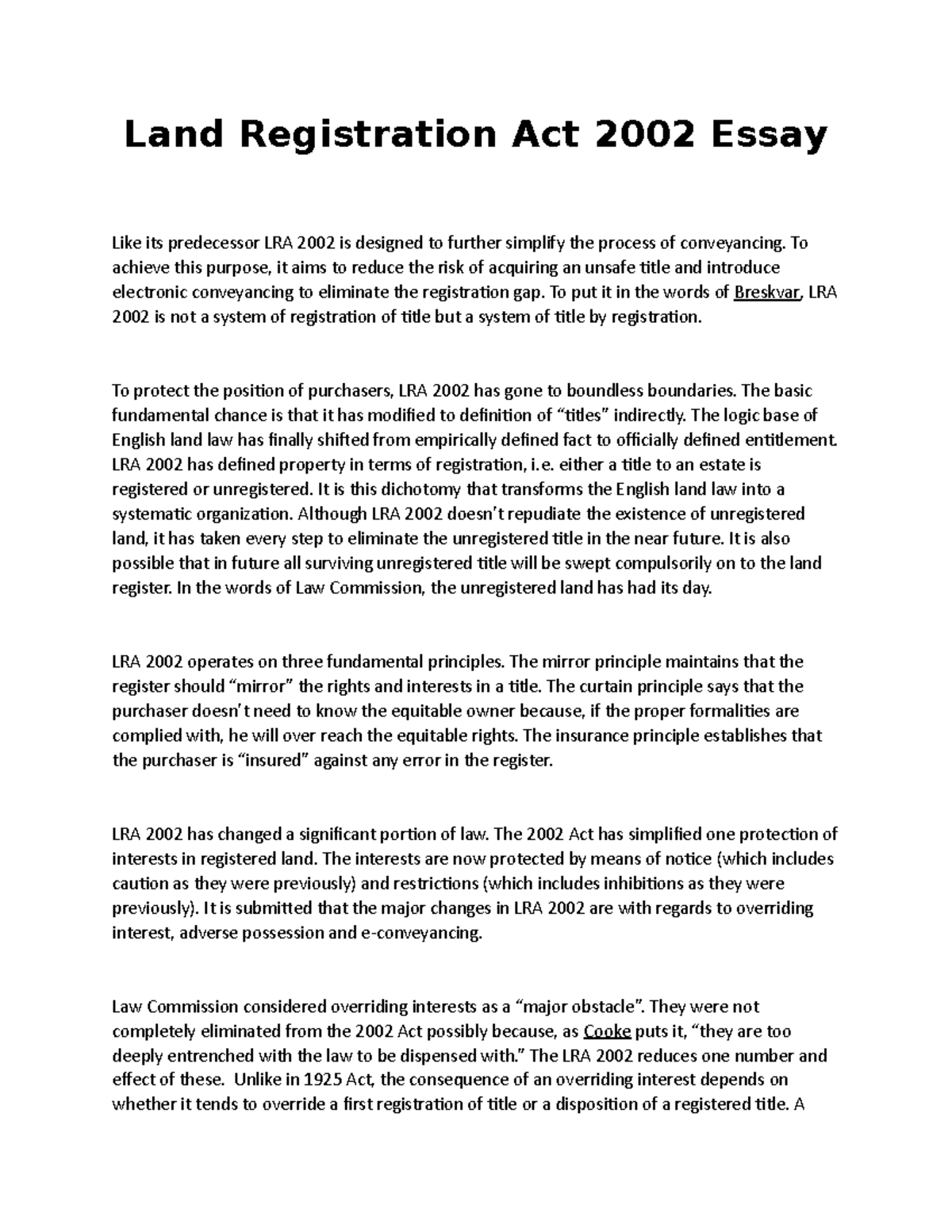 LRA 2002 Essay: Analyzing Key Reforms in Land Registration Law - Studocu