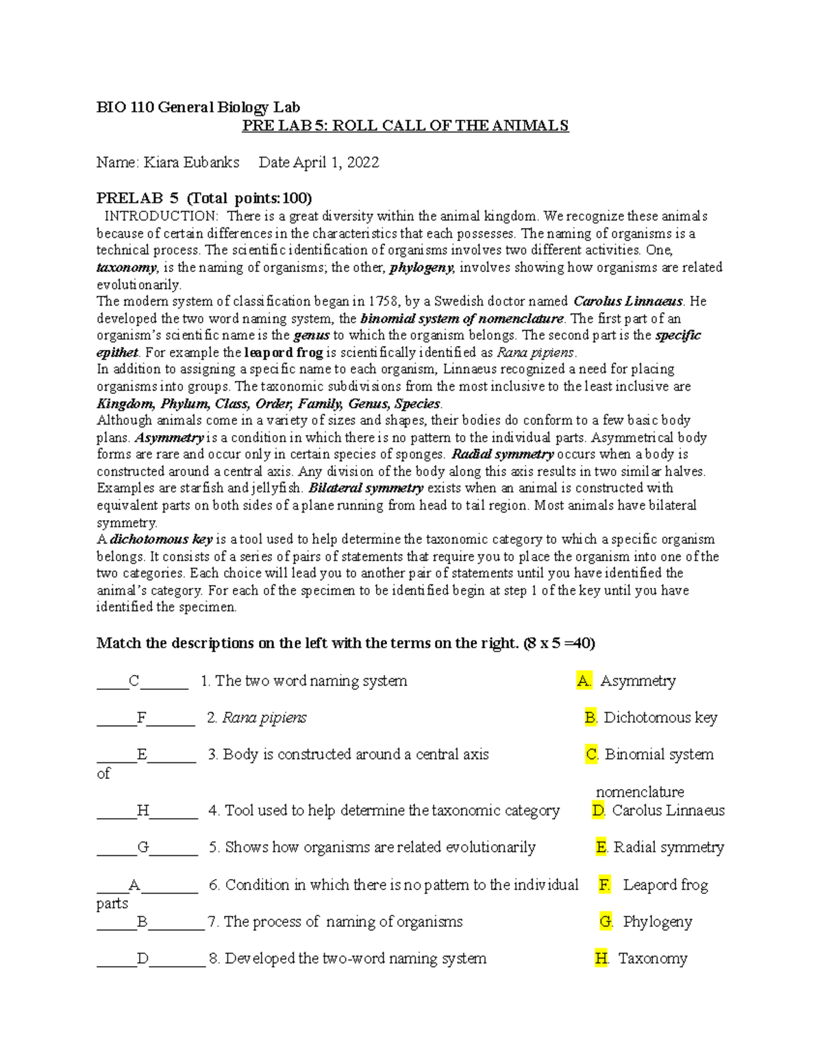 BIO 110L Prelab 5: Classification and Body Plans of Animals - Studocu
