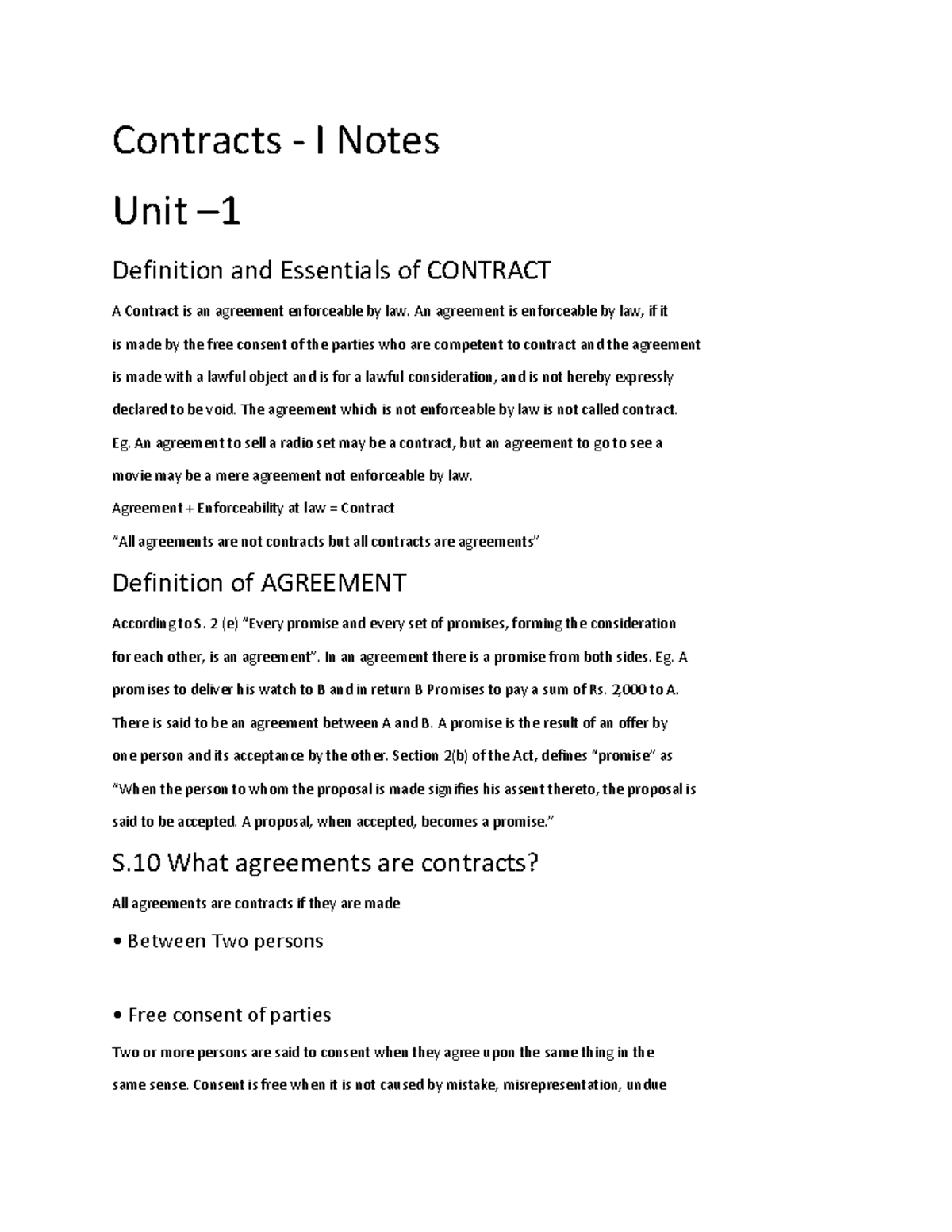 Contract Law I: Essential Notes on Legal Agreements and Principles ...