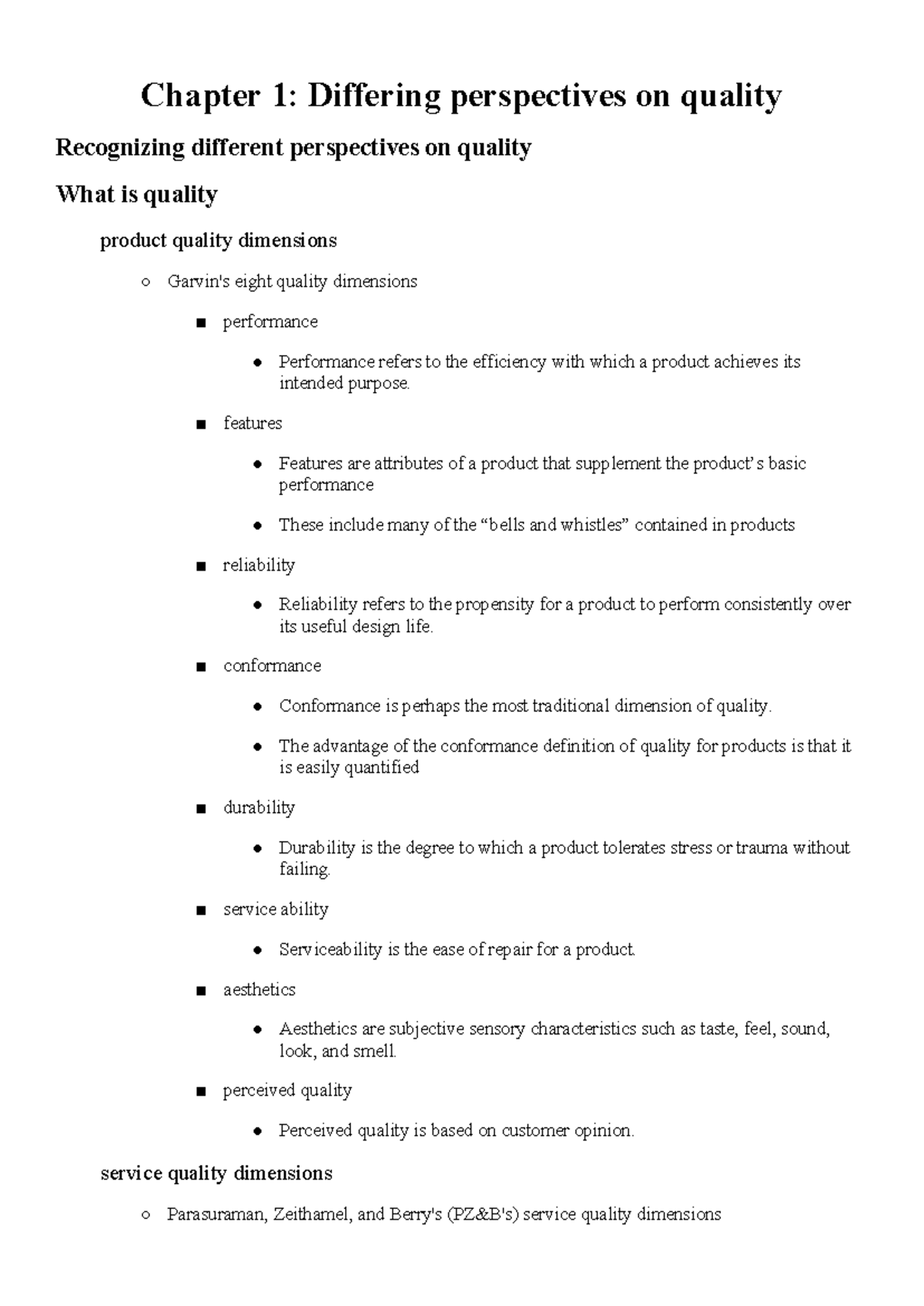 Chapter 1 Quality Perspectives: Product vs Service Analysis - Studocu