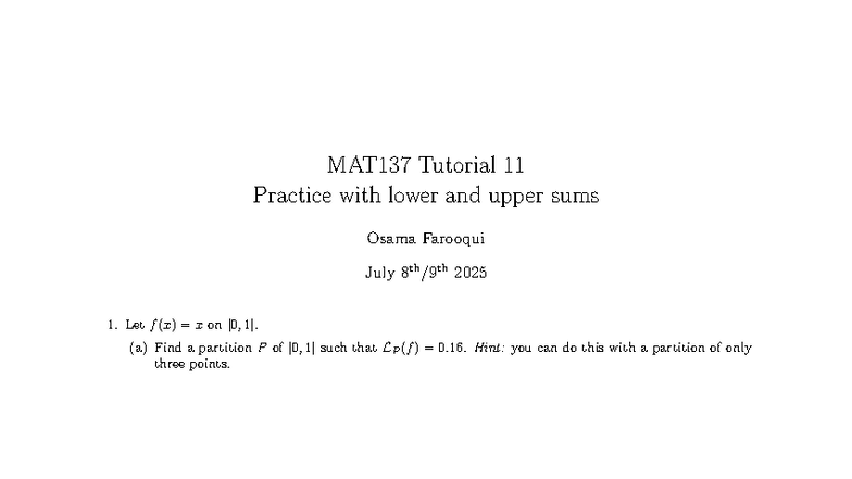 MAT137 Tutorial 11: Practice with Lower and Upper Sums - Studocu