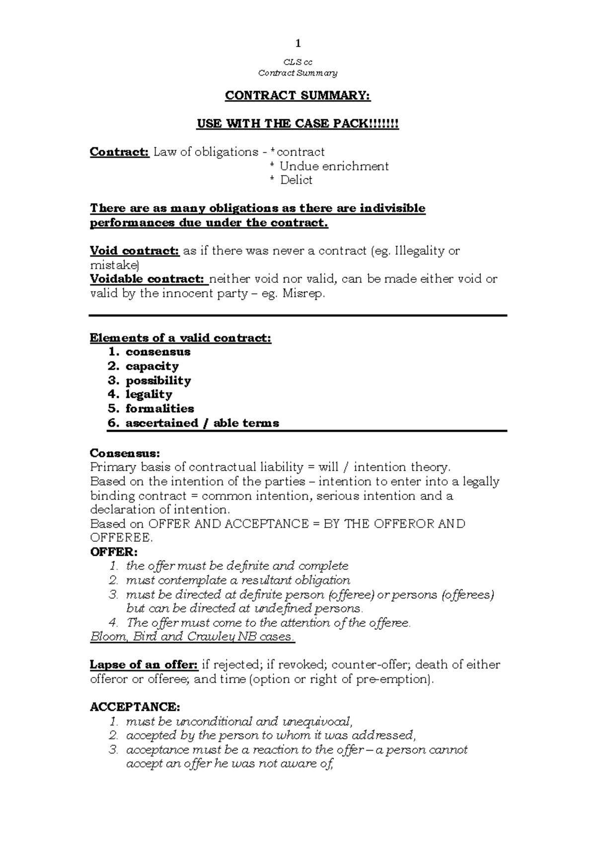 CLS 1 Contract Summary: Key Concepts in Law of Obligations - Studocu