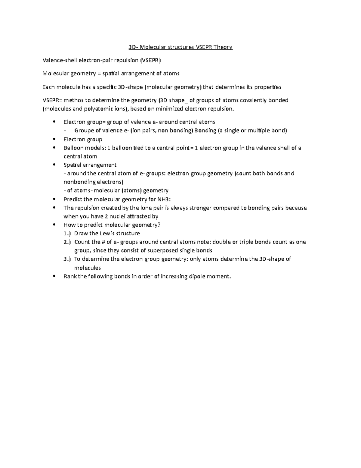 Week 7 Notes: 3D Molecular Structures & VSEPR Theory Overview - Studocu