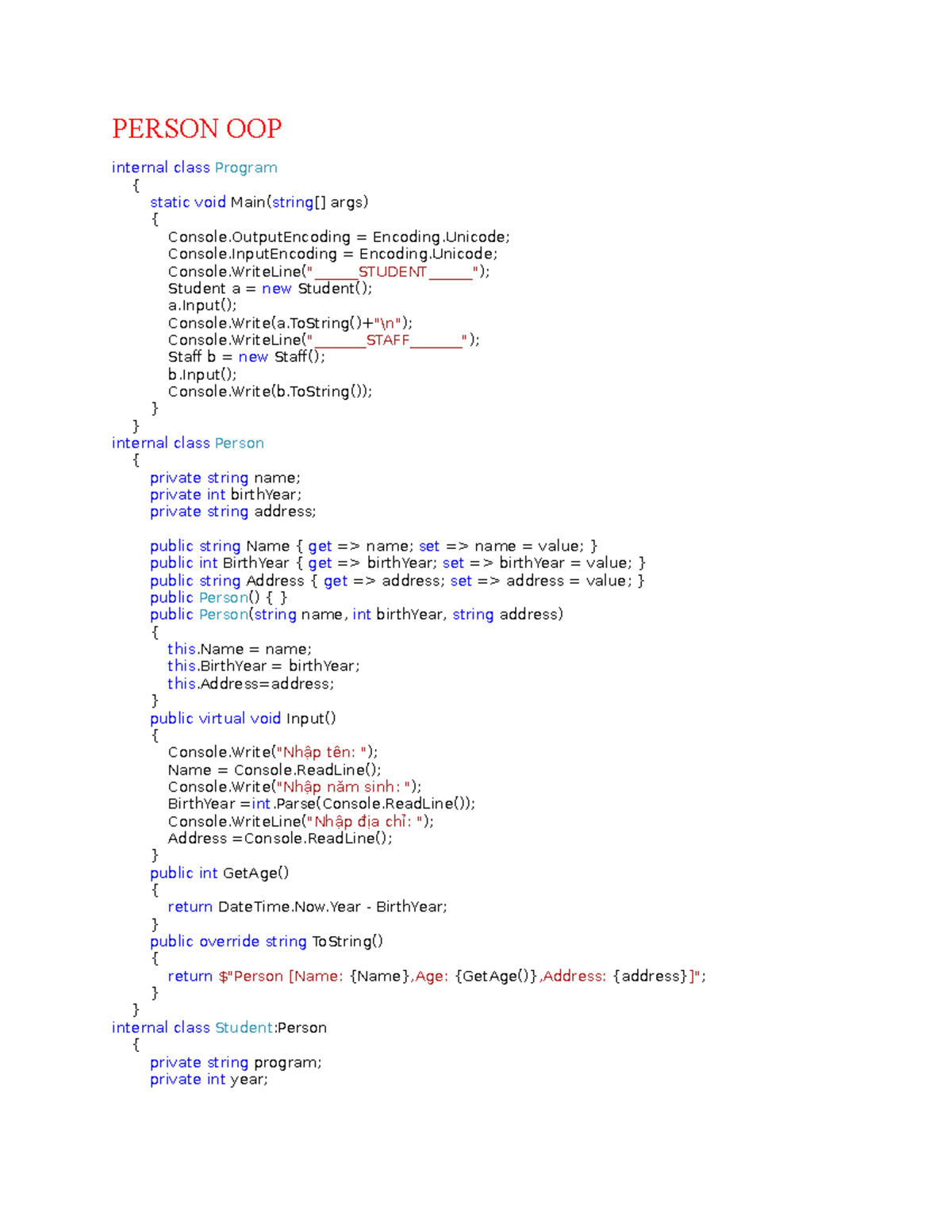 Person OOP - dasdas - PERSON OOP internal class Program { static void ...