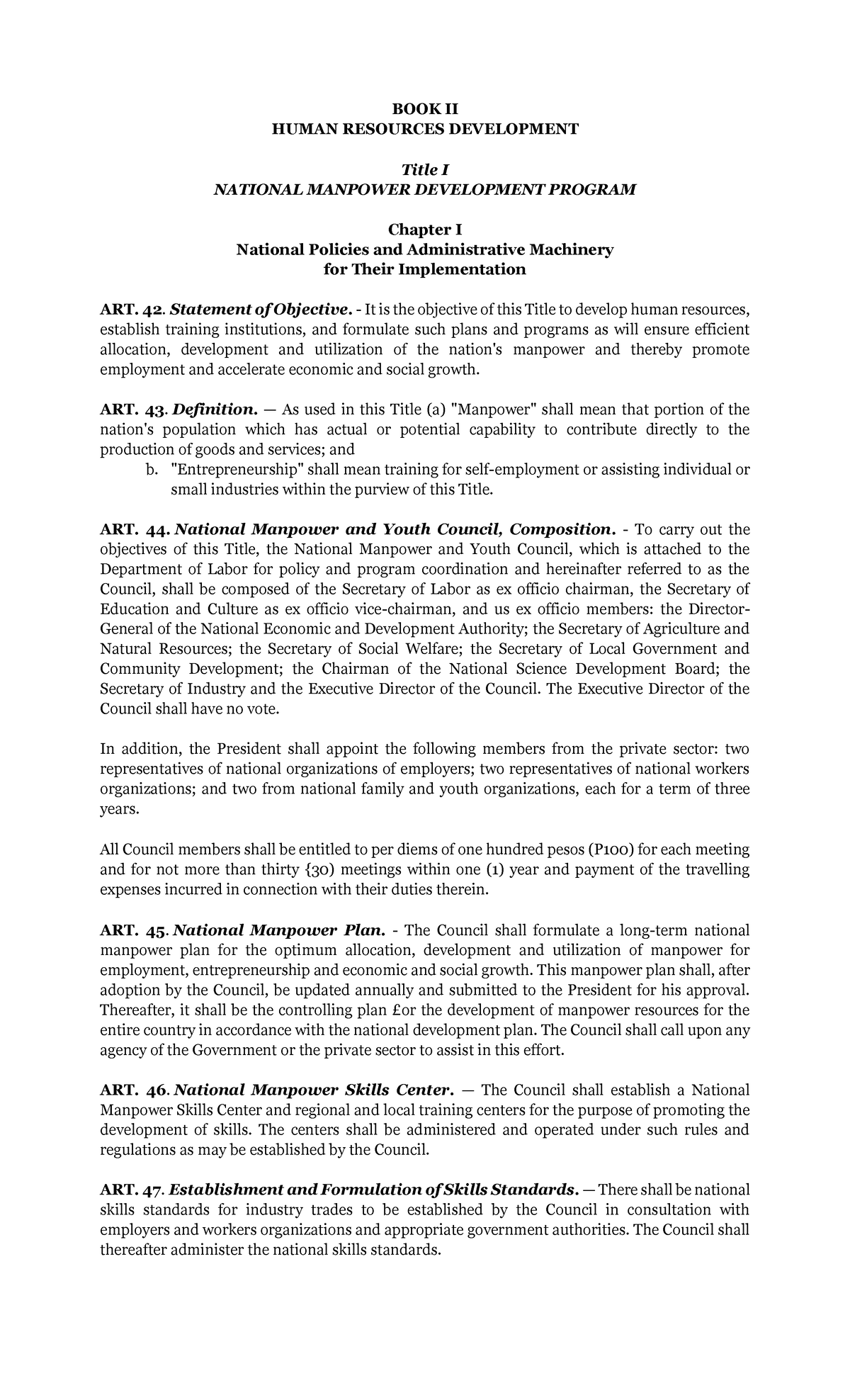 Labor Law Articles 42-129: National Manpower Development & Employment ...