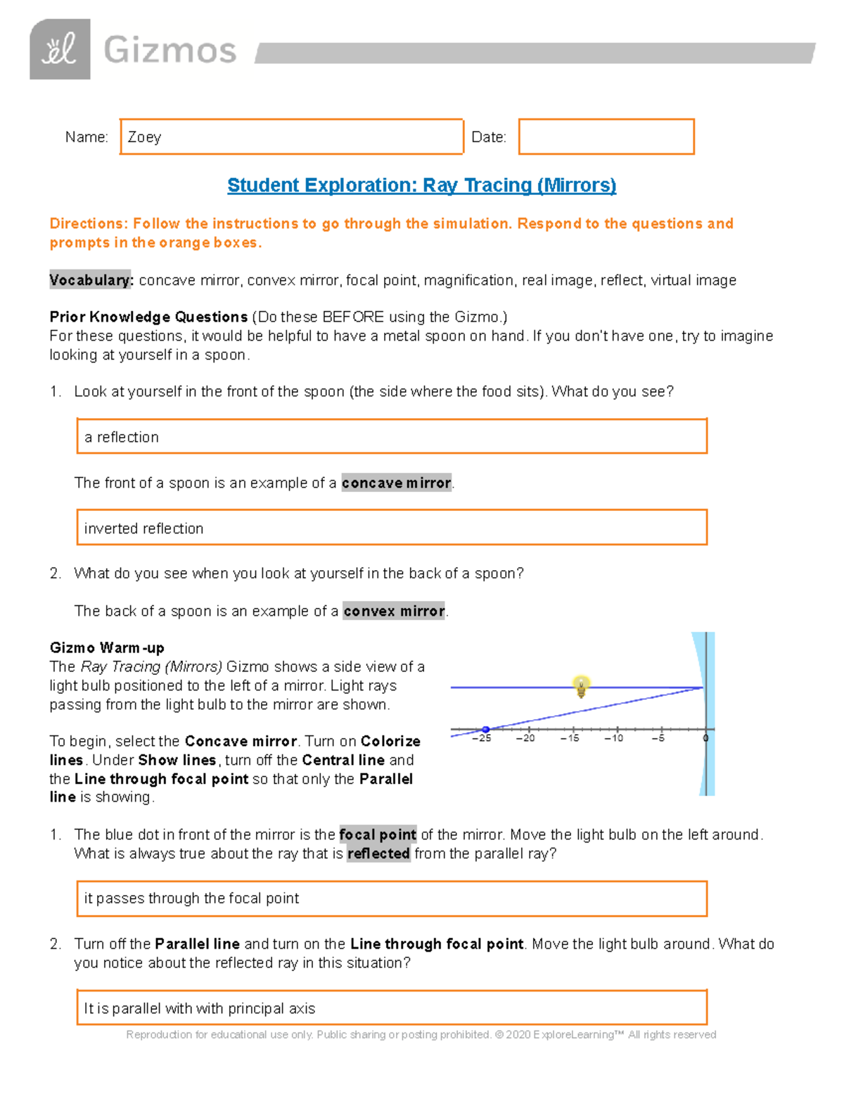 Gizmo Ray Tracing Mirrors SE - Name: Zoey Date: Student Exploration ...