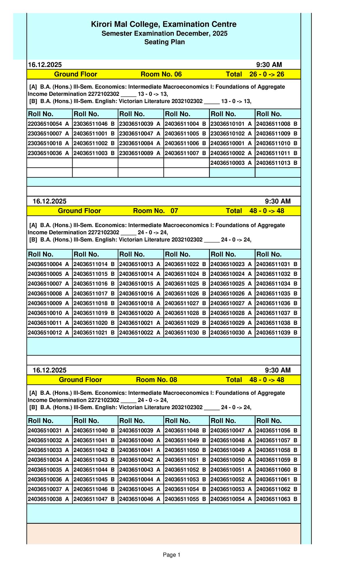 Seating Plan for Semester Exams - Kirori Mal College (Dec 2025) - Studocu