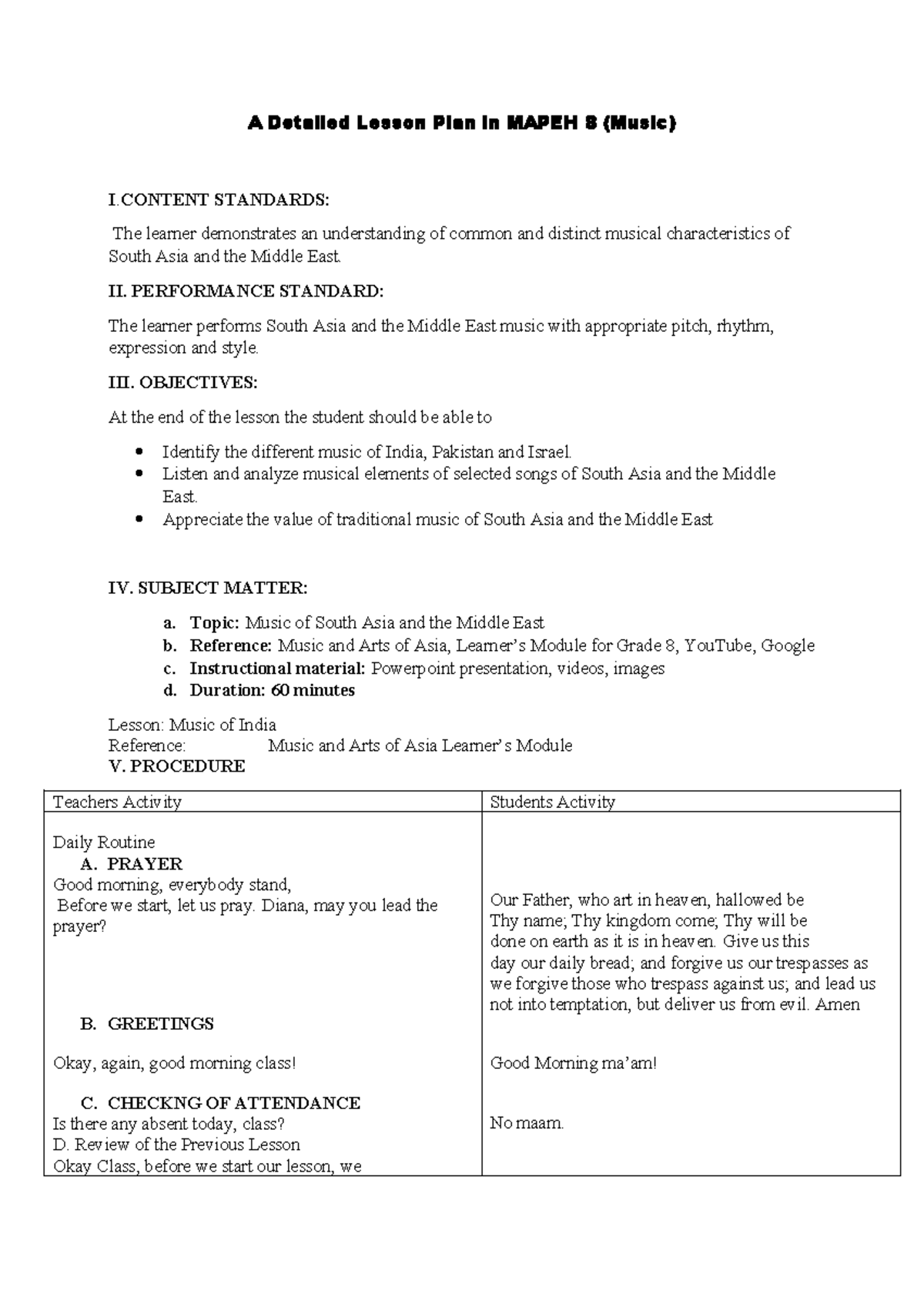 A Detailed Lesson Plan - Mapeh - A Detailed Lesson Plan in MAPEH 8 ...