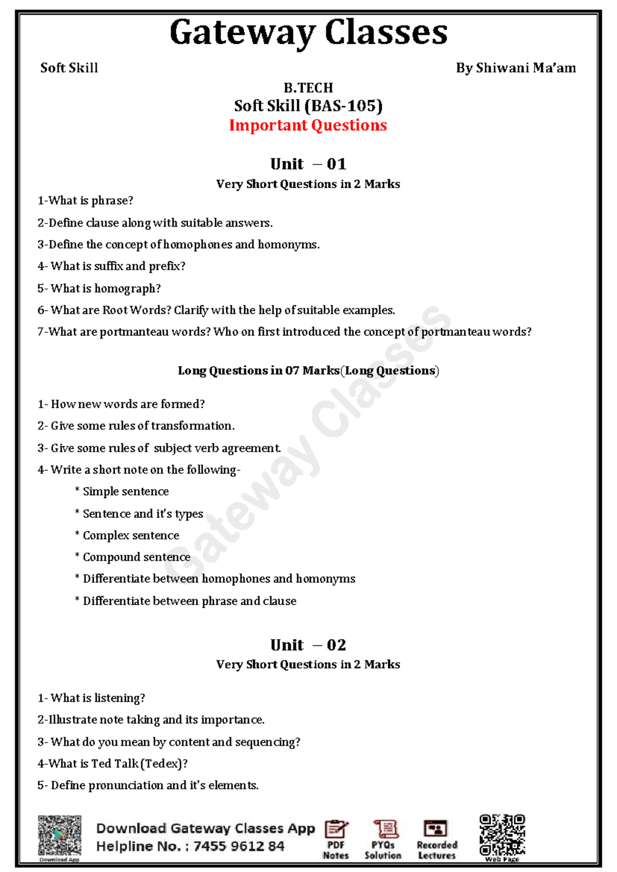 Gateway Classes B.TECH Soft Skill Important Questions - Units 01-04 ...