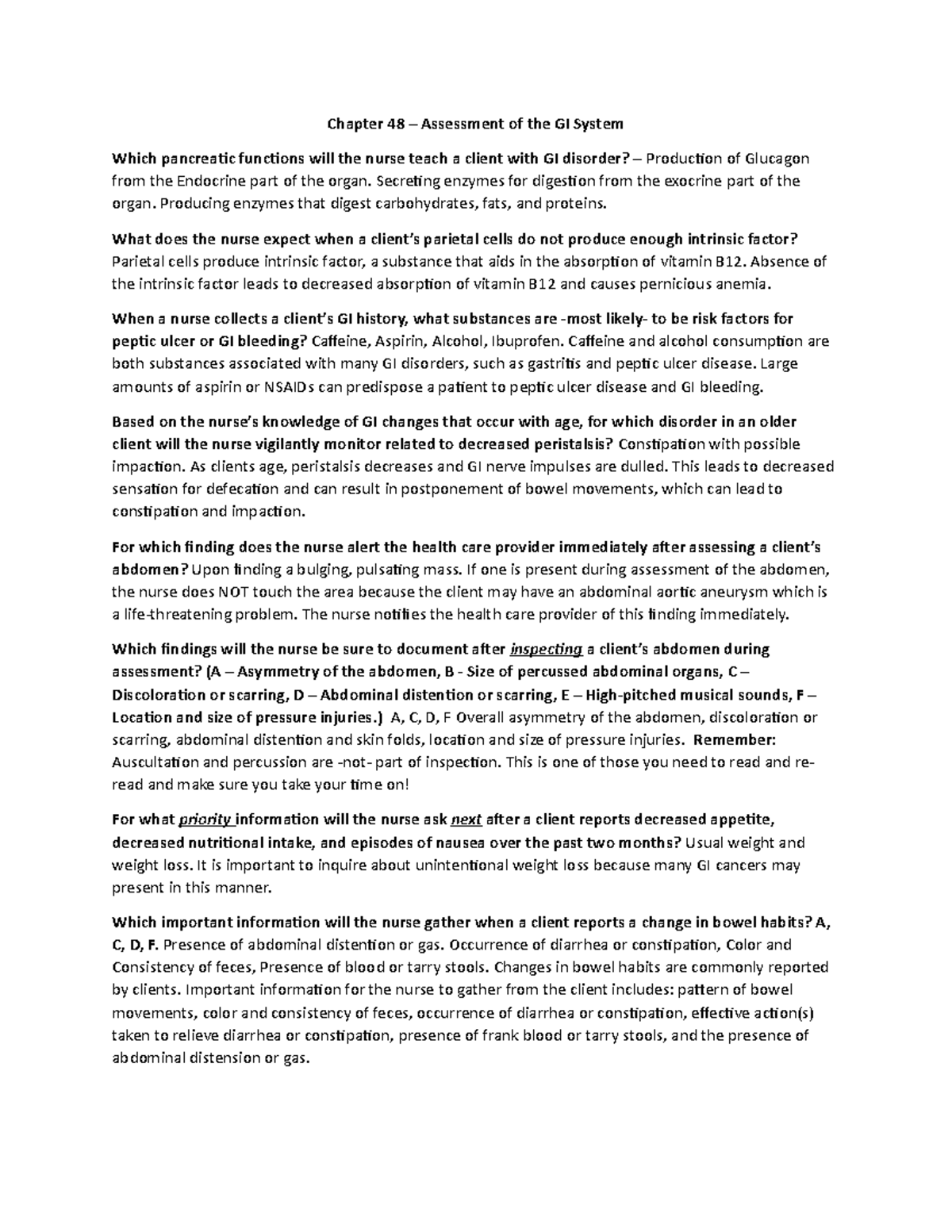 NUR 451 Final Exam Notes: GI System Assessment and Disorders - Studocu