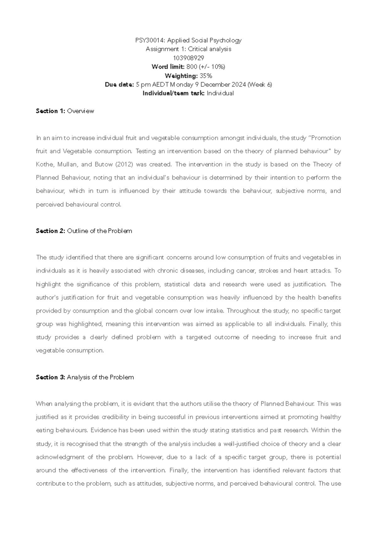 PSY30014: Applied Social Psychology Assignment 1 - Critical Analysis of ...