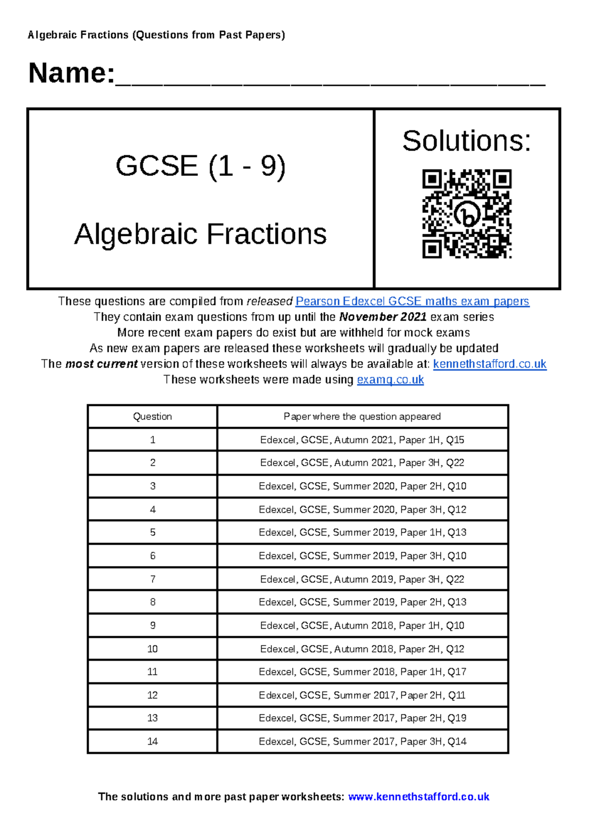 GCSE (1 9) Algebraic Fractions Past Paper Questions & Solutions - Studocu