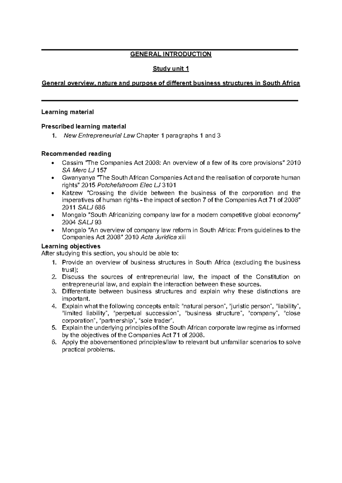 BUS 101: Study Unit 01 - Overview of Business Structures in SA - Studocu