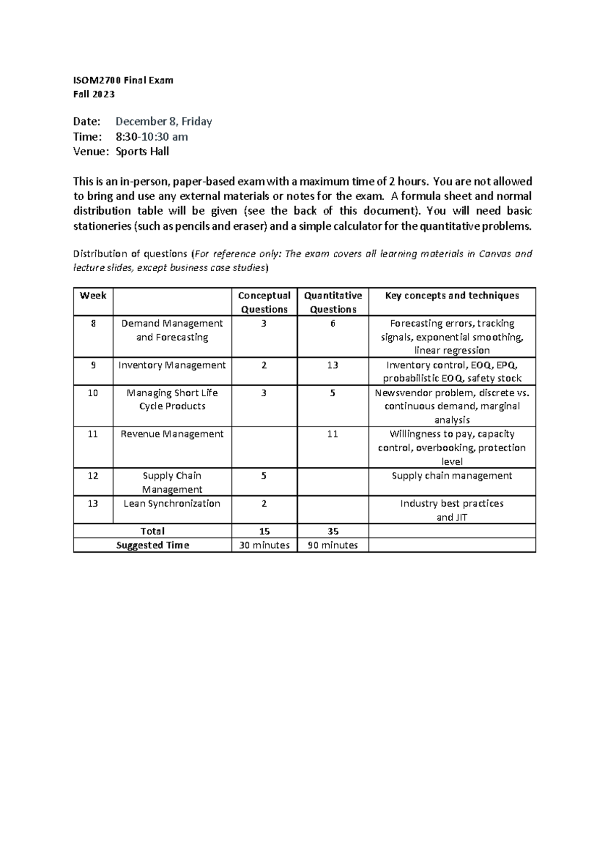 ISOM2700 F2023 Final Exam Study Guide and Key Formulas - Studocu