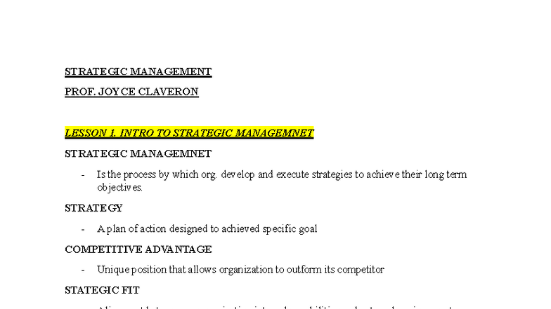 STRATEGIC MANAGEMENT (SM101) LESSON 1: INTRODUCTION TO STRATEGY - Studocu