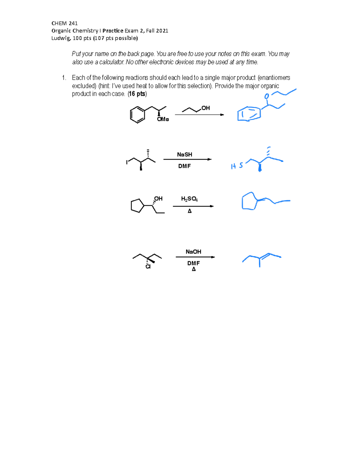 CHEM 241 Organic Chemistry I Exam 2 Practice Key, Fall 2021 - Studocu