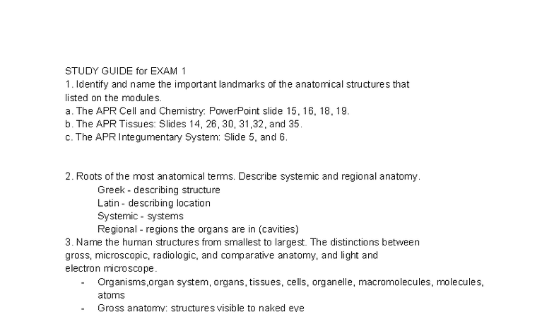 Anatomy 101 - Study Guide for Exam 1 - Studocu