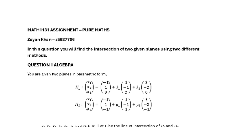MATH1131 Assignment: Intersection of Planes and Unique Solutions - Studocu