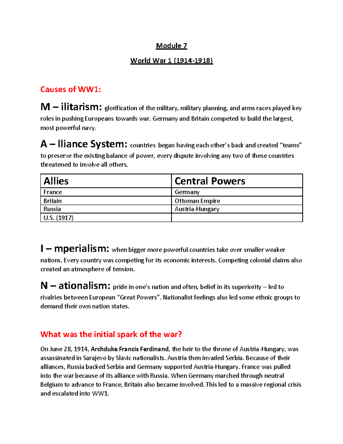 World History Module 7: Causes and Impact of WW1 (1914-1918) - Module 7 ...