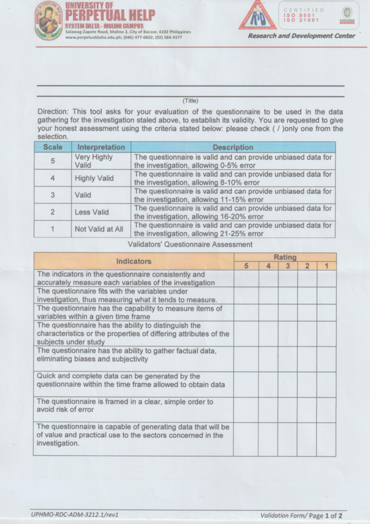 Questionnaire-Validation - PERPETUAL UNIVERSITY OF CERTIFIED PERPETUAL ...
