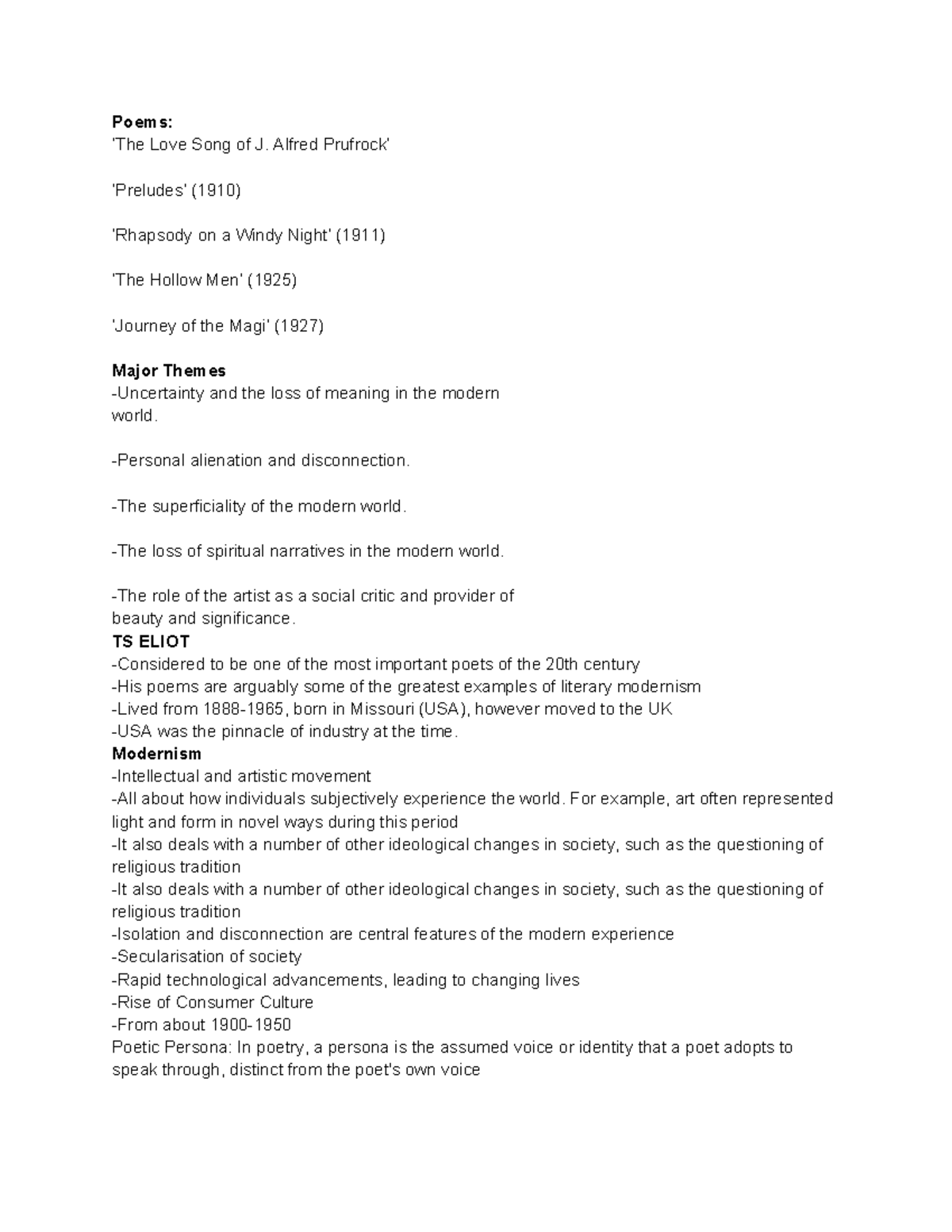 Module B - Analysis of Major Themes in T.S. Eliot's Poetry - Studocu