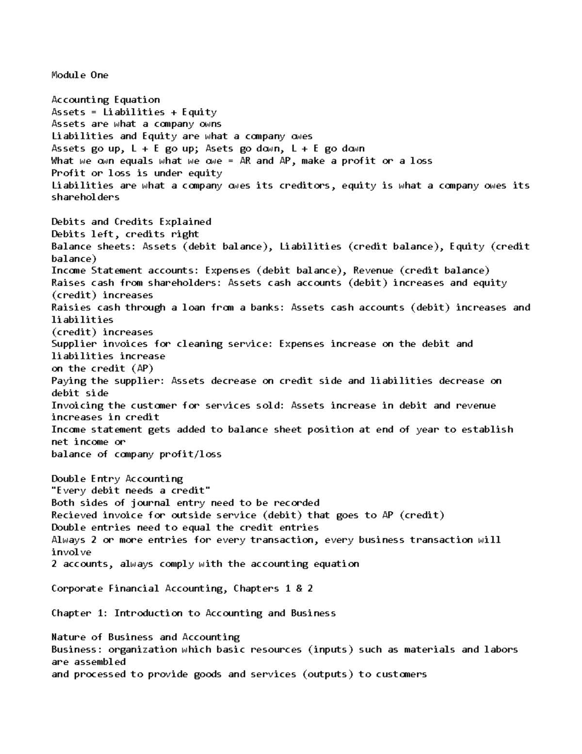 ACC 201 Module One Lecture Notes: Accounting Basics and Concepts - Studocu