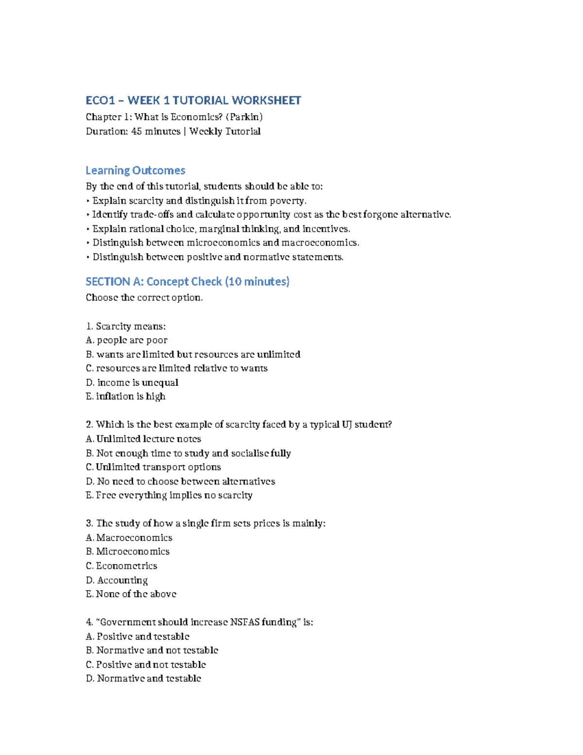ECO1 Week 1 Tutorial Worksheet: Understanding Economics Concepts - Studocu