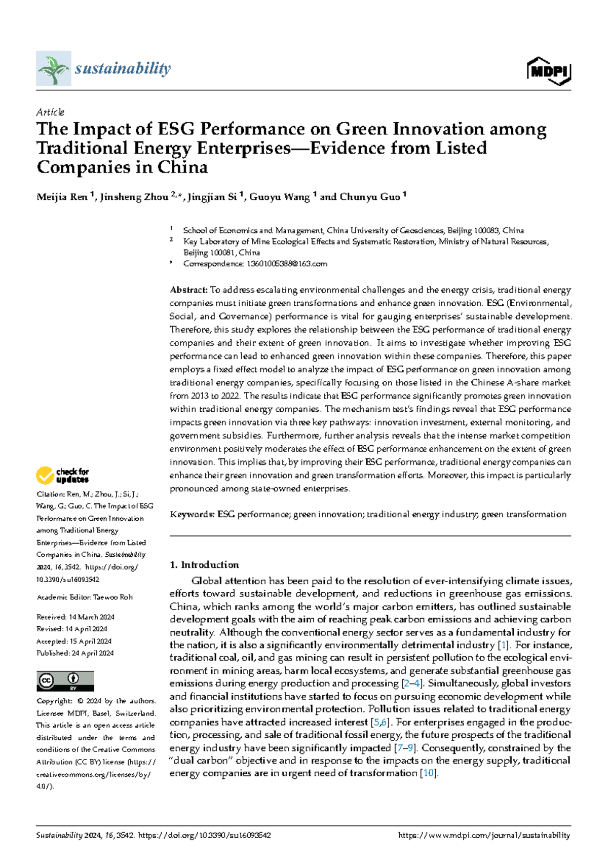 The Impact of ESG Performance on Green Innovation among - Citation: Ren ...
