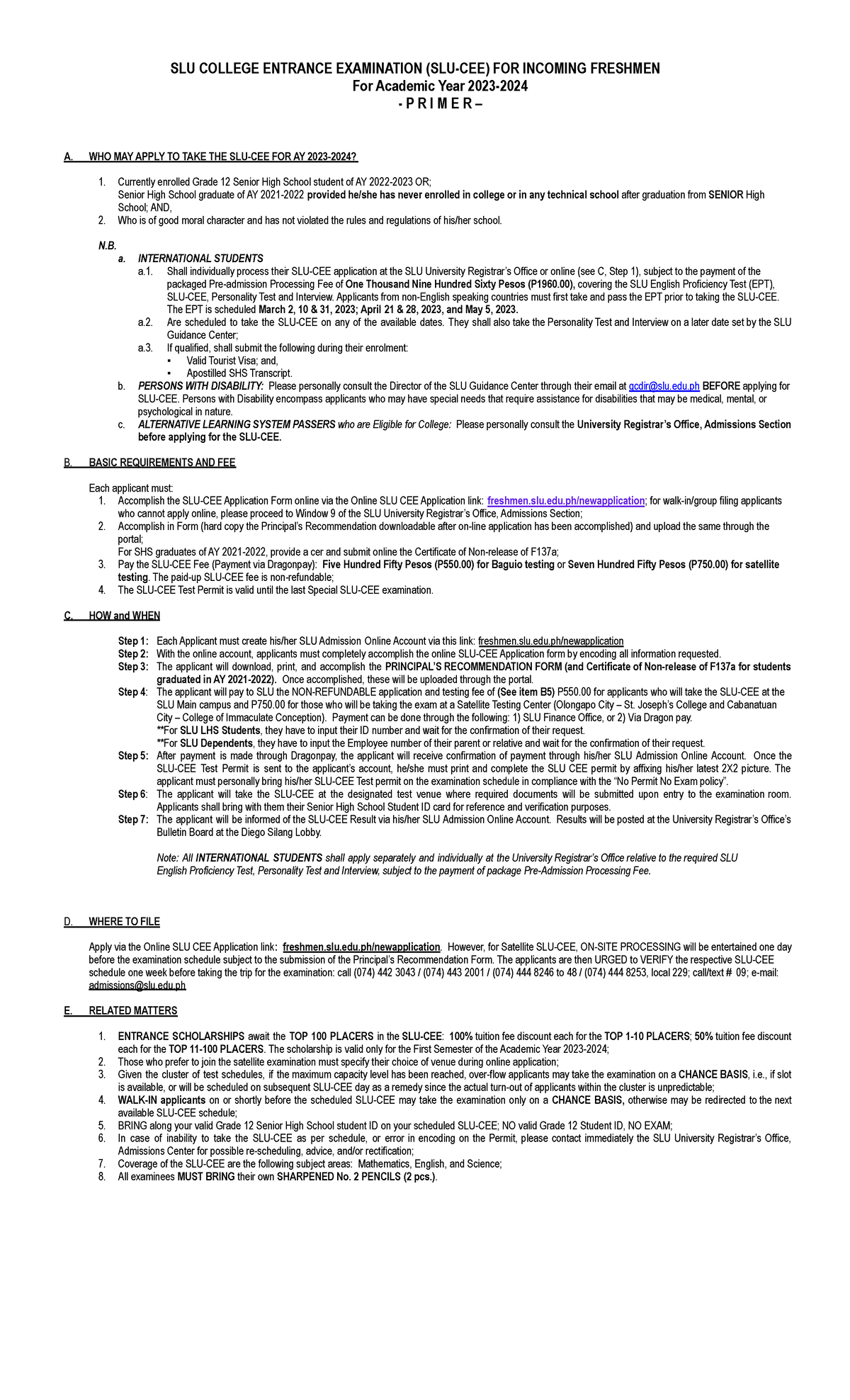 SLU CEE 2023-2024: Essential Guide for Incoming Freshmen Exam - Studocu