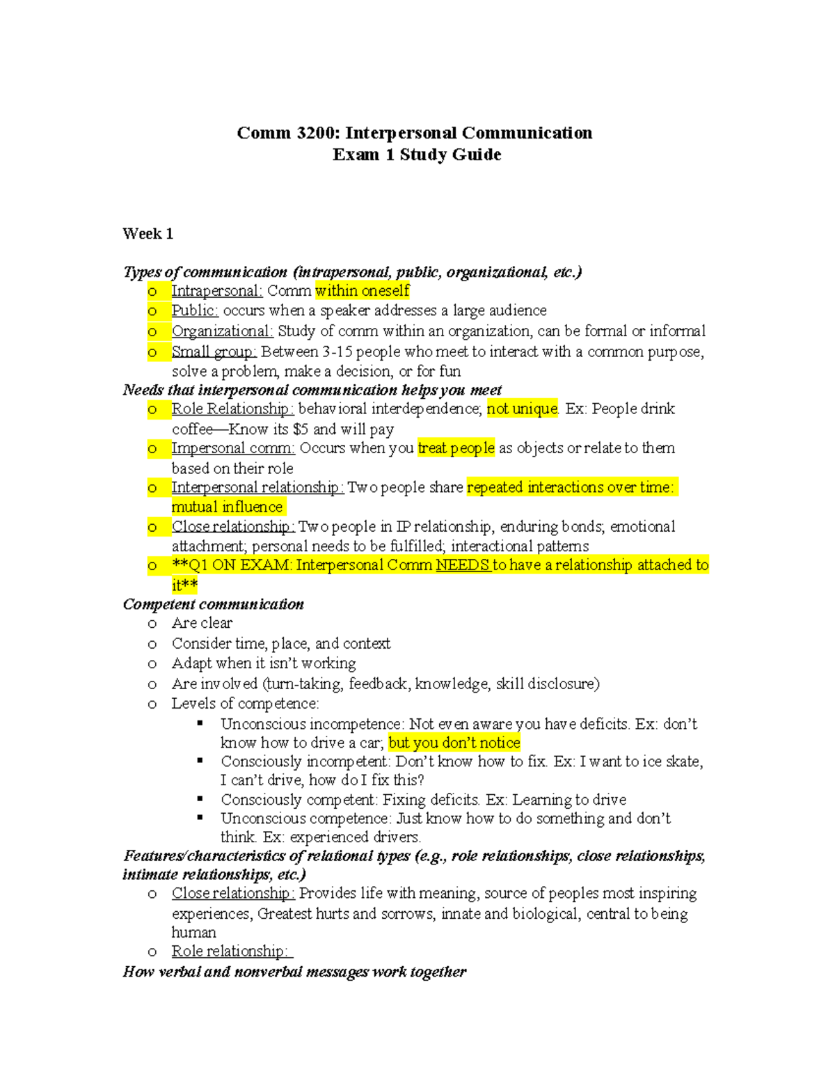 Comm 3200 Exam 1 Study Guide - Comm 3200: Interpersonal Communication ...