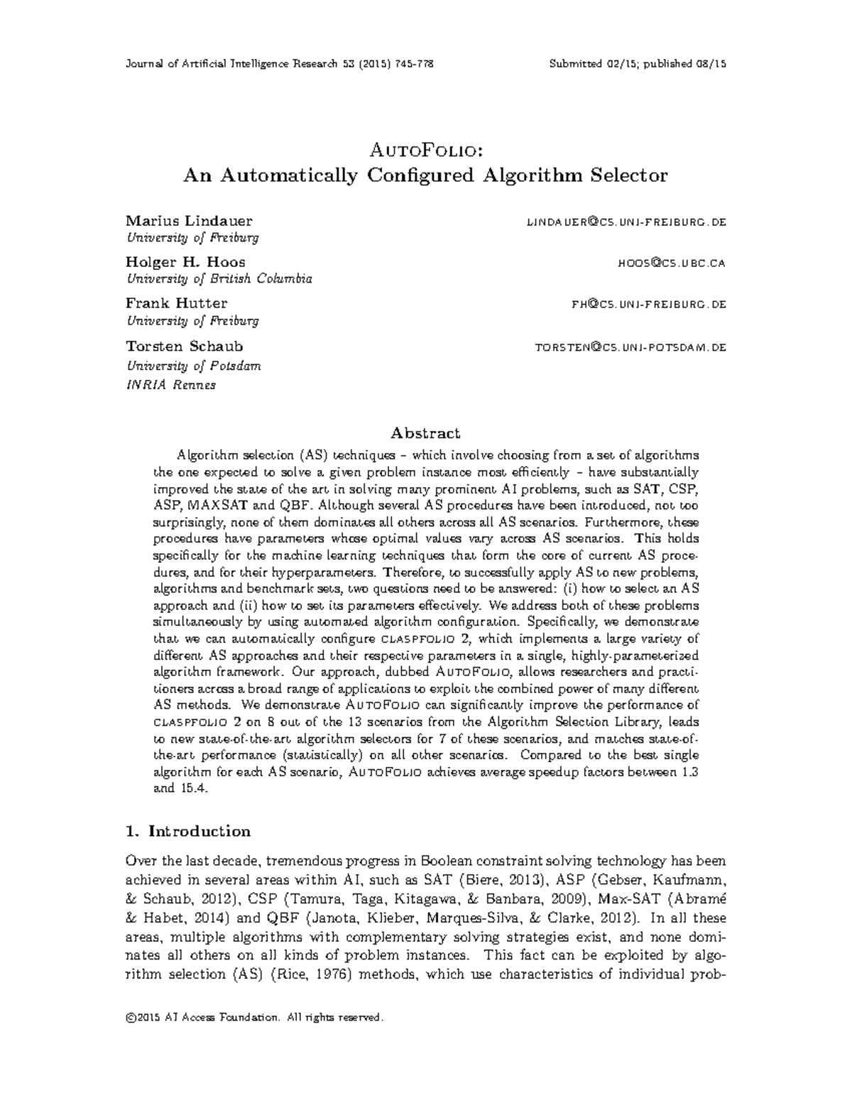 AutoFolio: A Study on an Automated Algorithm Configuration Selector ...