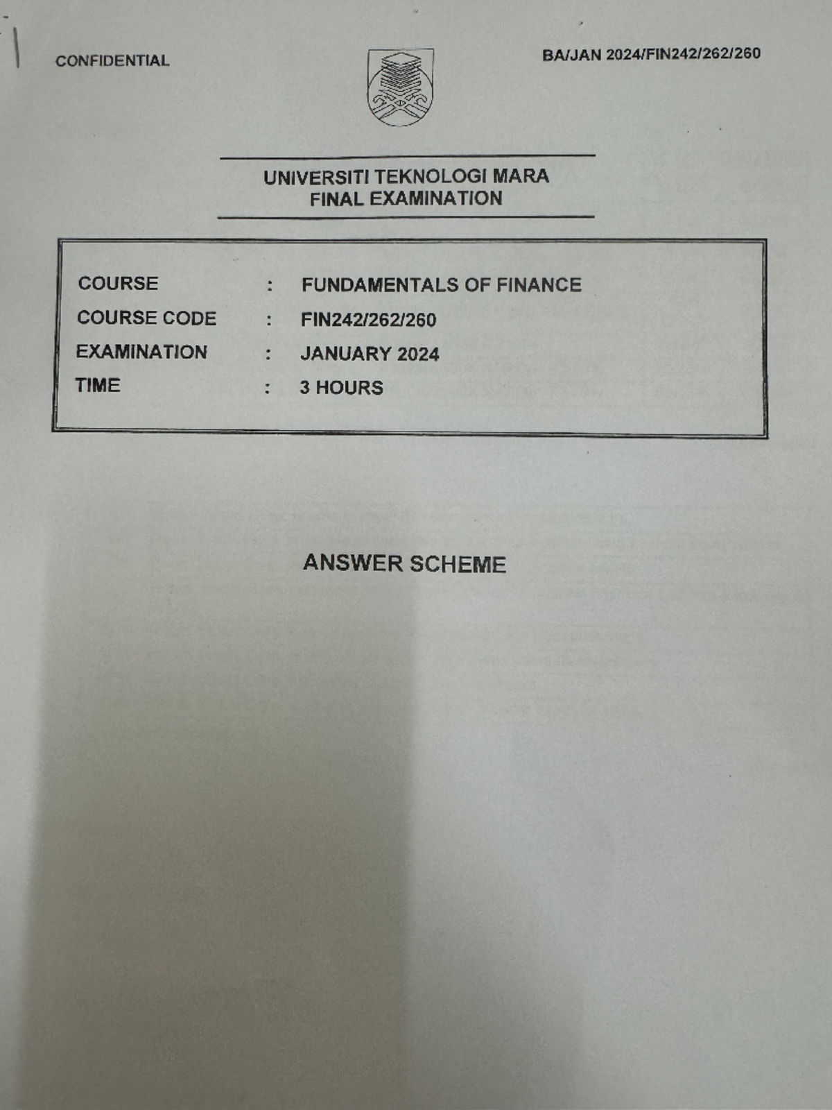 FIN242 JAN2024 FINAL EXAM ANSWER SCHEME ON FUNDAMENTALS OF FINANCE ...