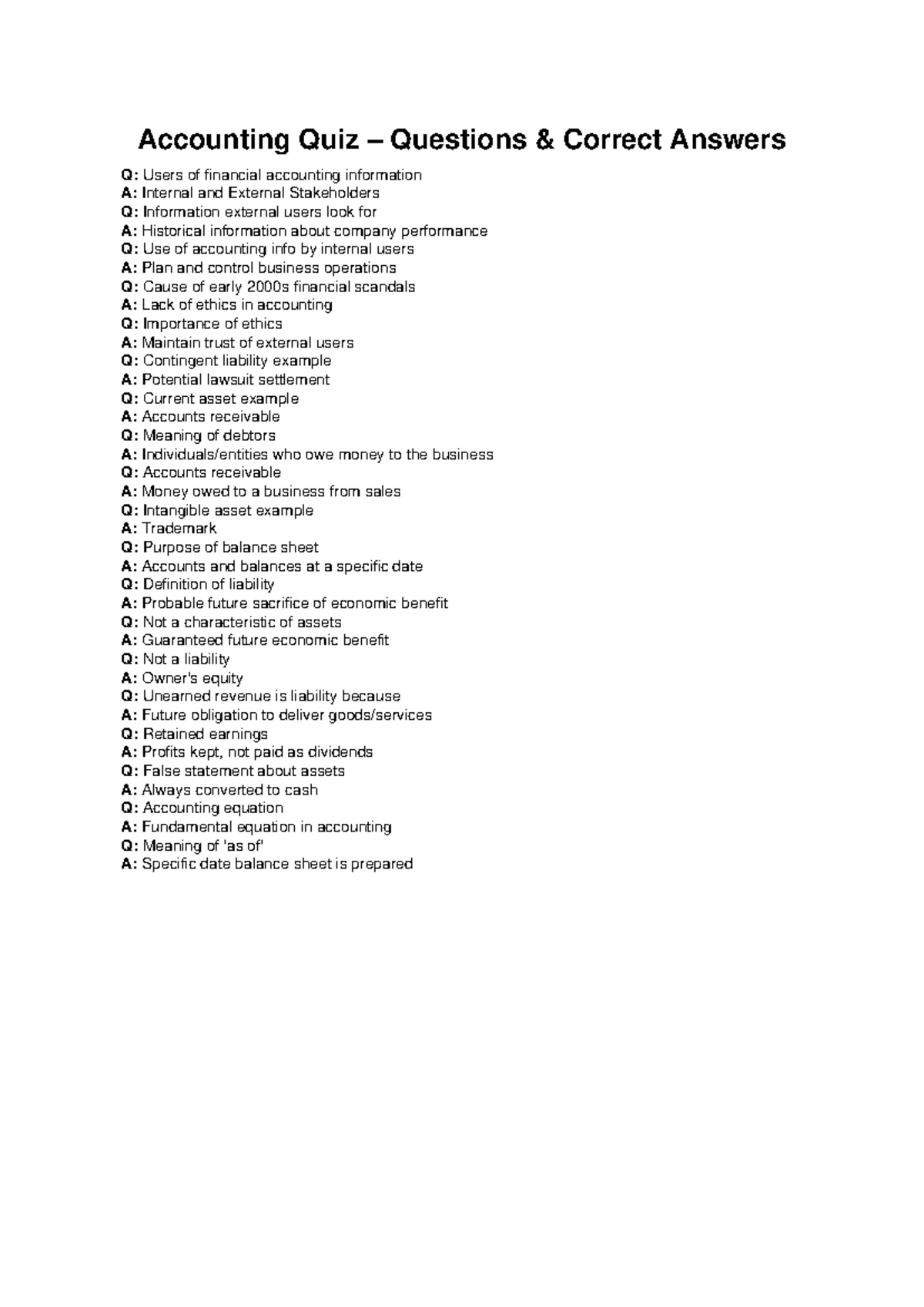 Accounting Quiz Summary: Key Questions & Answers - Studocu