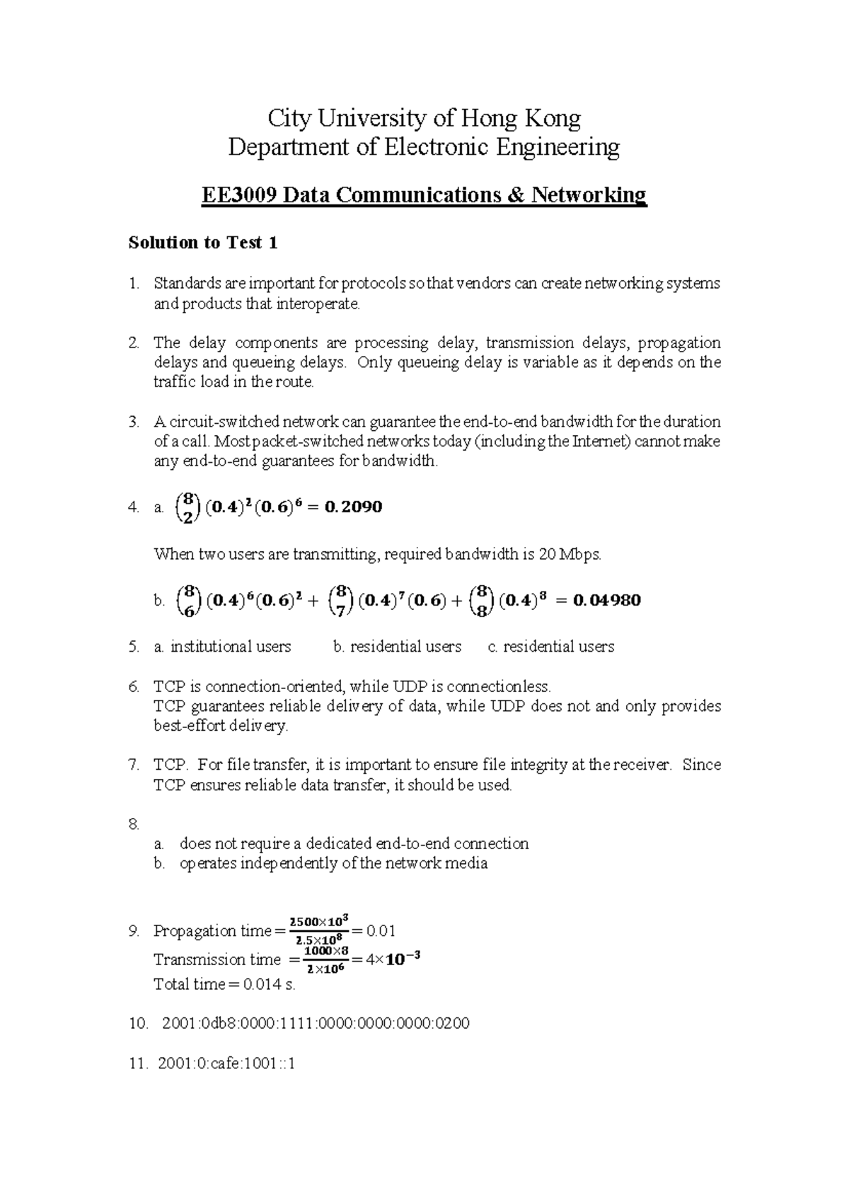 EE3009 Data Communications Networking Test 1 Solutions and Insights ...