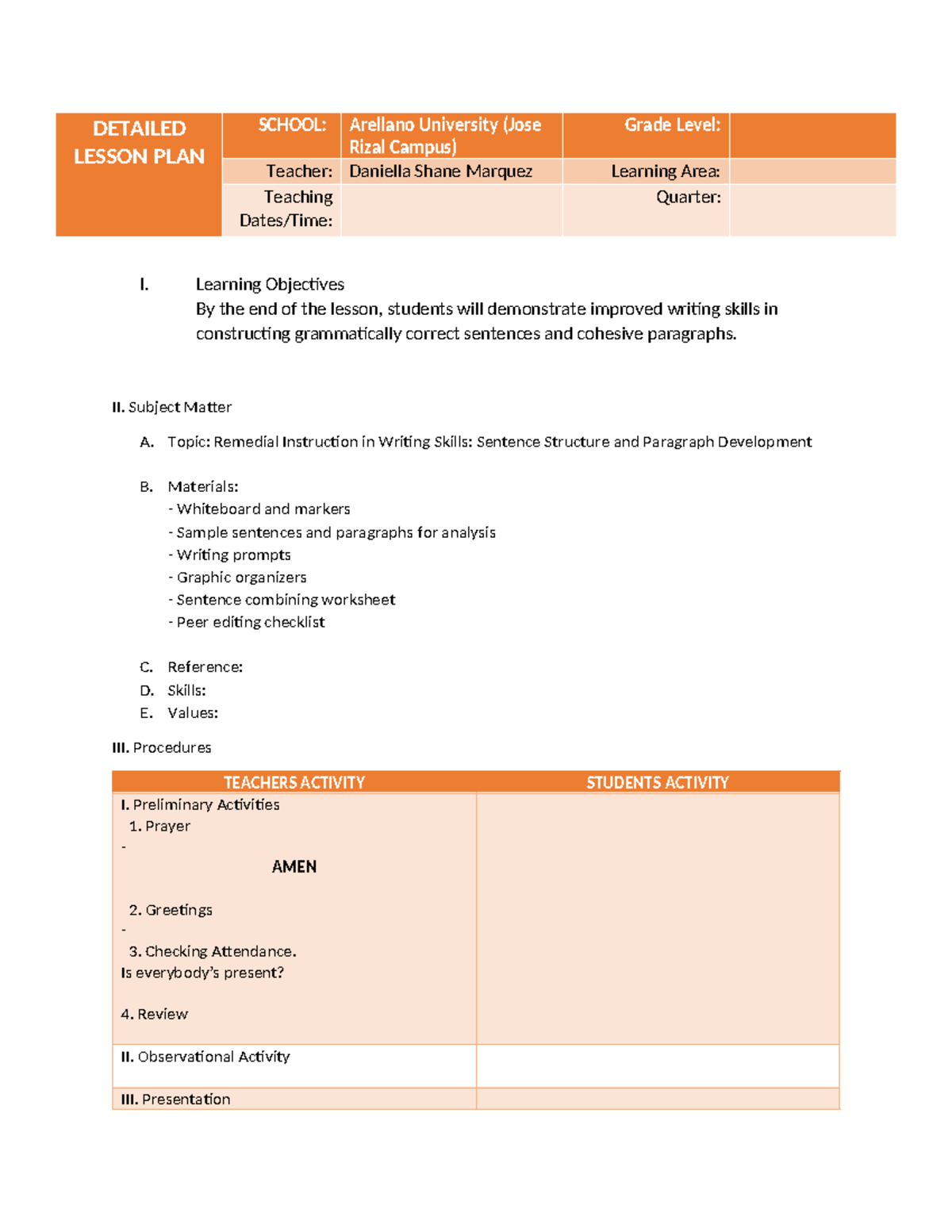 Detailed Lesson Plan for Remedial Writing Skills (Grade Level) - Studocu