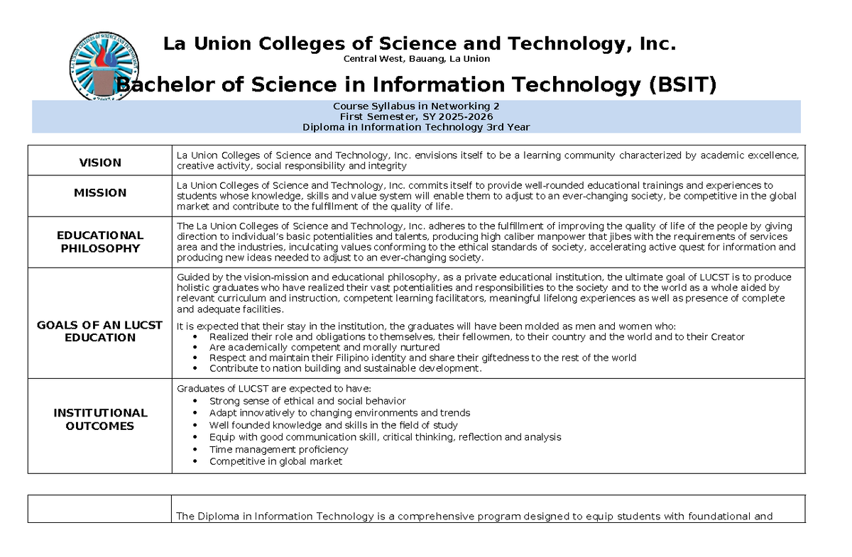 BSIT Networking 2 Syllabus - La Union Colleges (1st Sem, SY) - Studocu