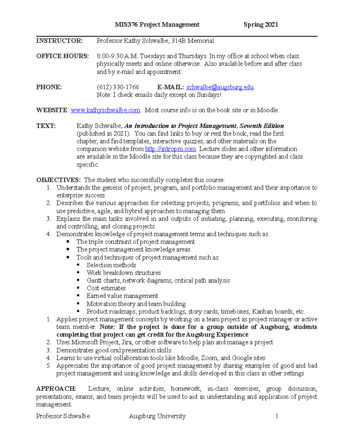 7e-Sample Syllabus - Project Management Overview and Expectations - Studocu