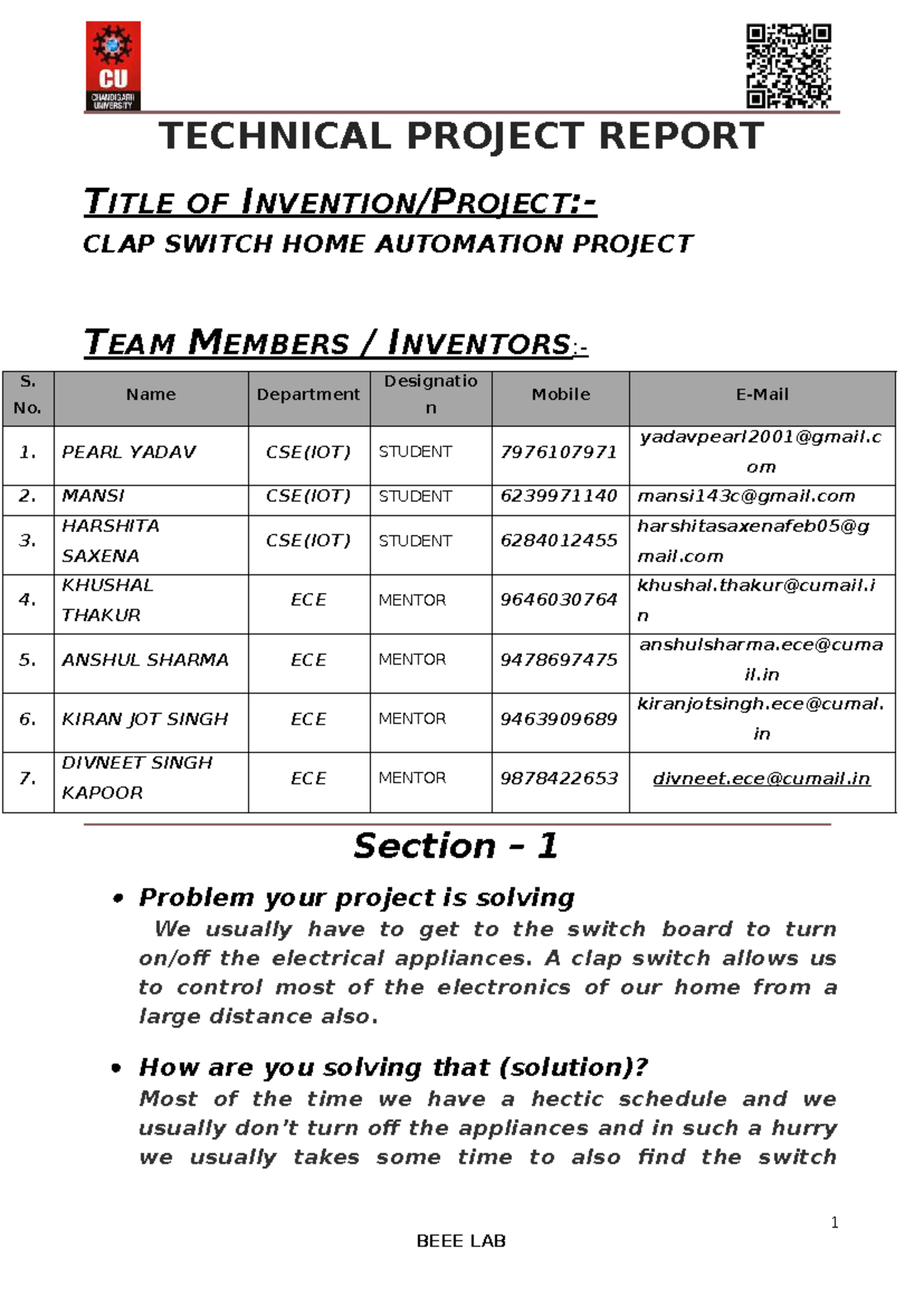 CSE(IOT) Technical Project Report: Clap Switch Home Automation - Studocu
